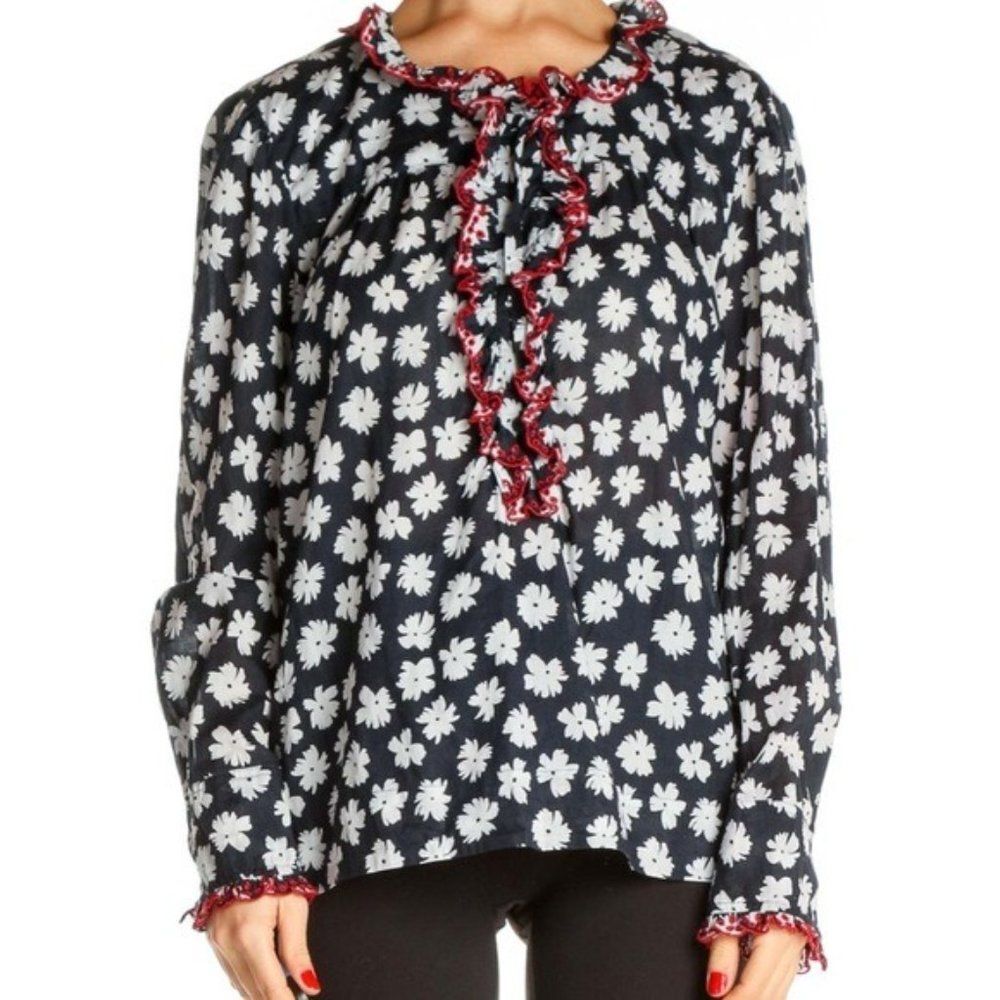J. Crew Black Floral Print Retro Long Sleeve Top